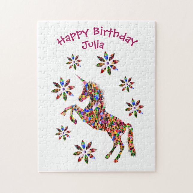 Magical Unicorn Flowers Happy Birthday Personalize Jigsaw Puzzle (Vertical)