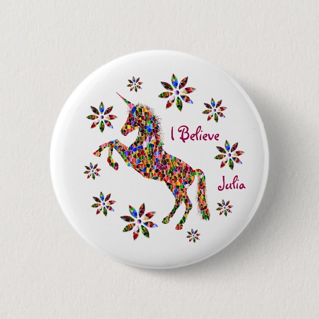 Magical Unicorn Flowers I Believe Personalize Button (Front)