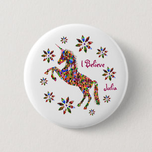 Magical Unicorn Flowers I Believe Personalize Button