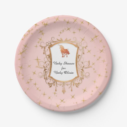 Magical Unicorn Girl Baby Shower Rose Gold Sparkle Paper Plates