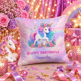 Magical Unicorn Girl Birthday Rainbow Pastel Pillo Throw Pillow