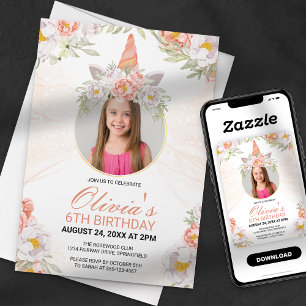 Magical Unicorn Girl Photo Floral Birthday Invitation