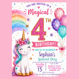 Magical Unicorn Girl's 4th Birthday Invitation