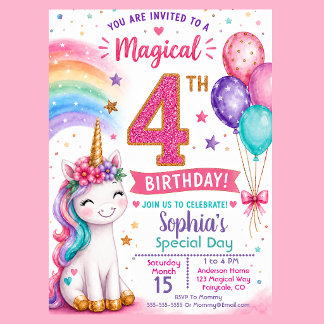 Magical Unicorn Girl's 4th Birthday Invitation