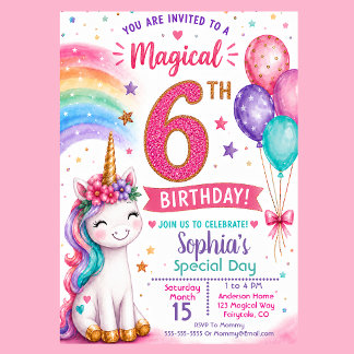 Magical Unicorn Girl's 6th Birthday Invitation