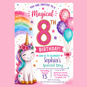 Magical Unicorn Girl's 8th Birthday Invitation