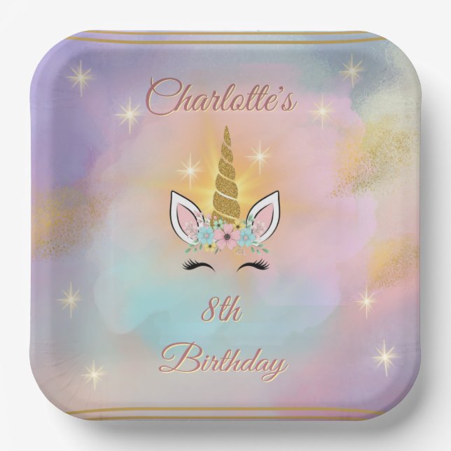Magical Unicorn Girl's Birthday Paper Plates (Front)
