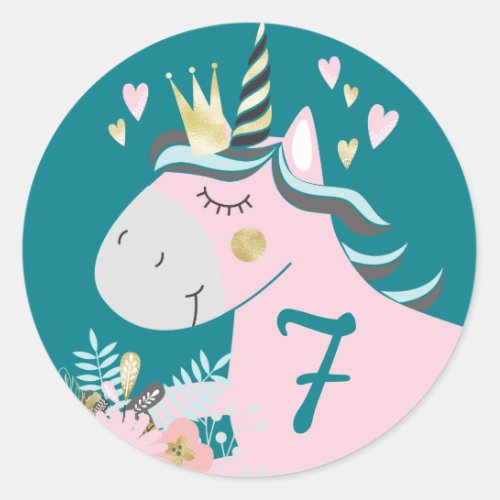 Magical Unicorn Girls Birthday Party Custom Age Classic Round Sticker