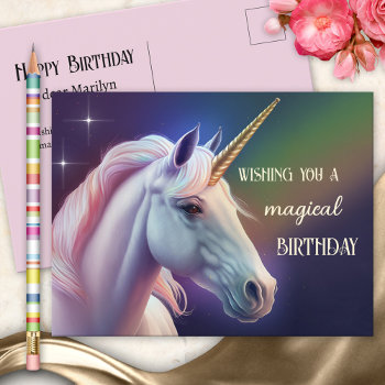 Magical Unicorn Girly Birthday Postcard by sunnysites at Zazzle