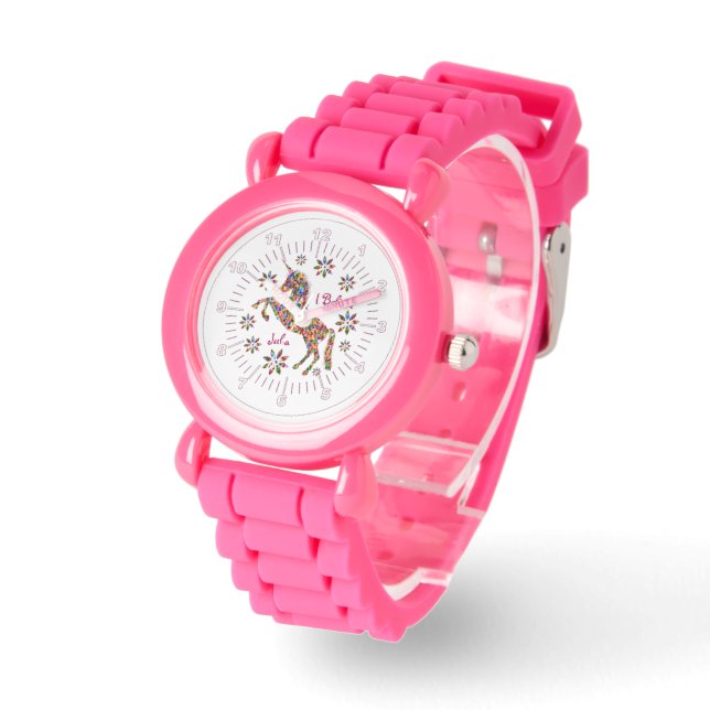 Magical Unicorn Glitter Girl Pink Cute Personalize Watch (Angle)
