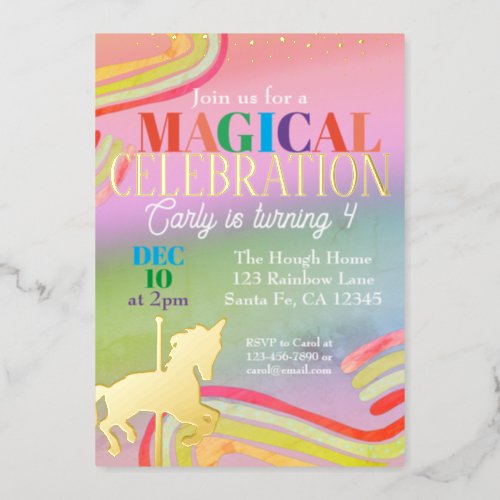 Magical Unicorn Glitter Rainbow Birthday  Foil Invitation