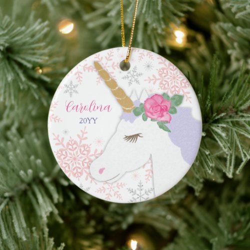 Magical Unicorn Glitter Snowflakes Custom Name Ceramic Ornament