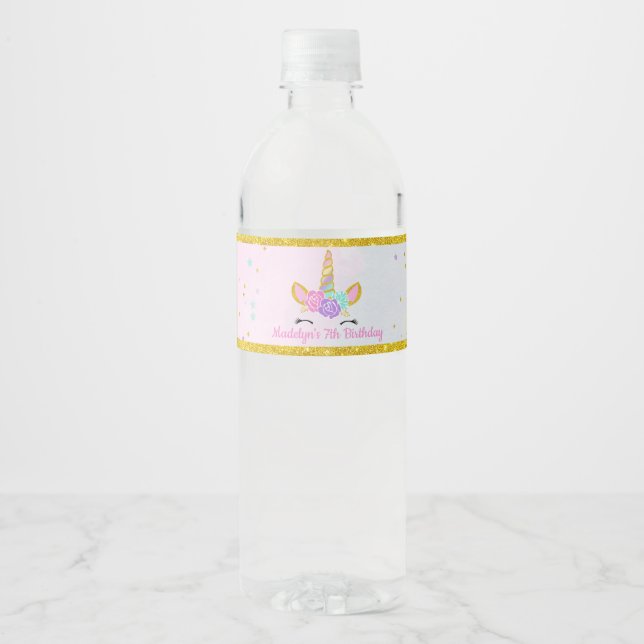 Magical Unicorn Glitter Stardust Birthday Water Bottle Label (Front)