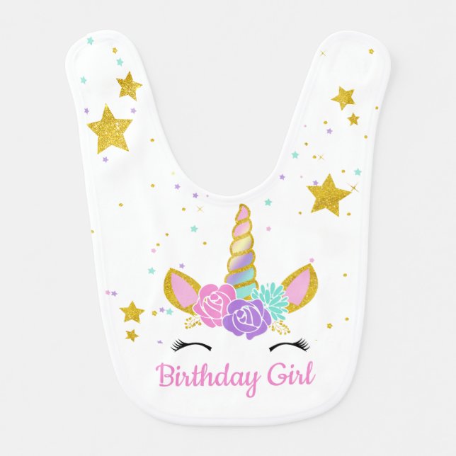 Magical Unicorn Glitter Stars Birthday Baby Bib (Front)