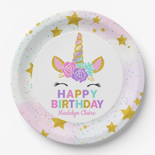 Magical Unicorn Glitter Stars Birthday Paper Plates (Front)