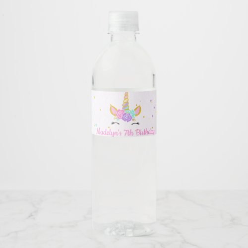 Magical Unicorn Glitter Stars Birthday Water Bottle Label