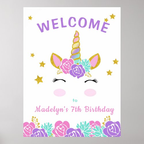 Magical Unicorn Glitter Stars Birthday Welcome Poster