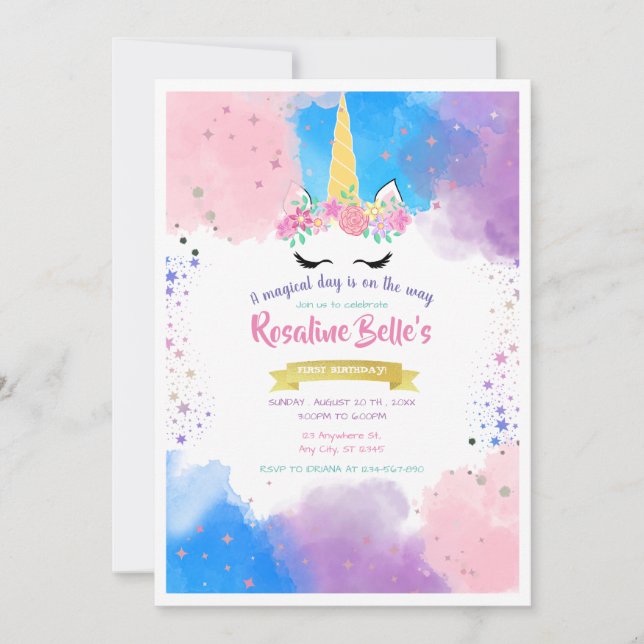 Magical Unicorn Gold Birthday Party for Girl Invitation (Front)