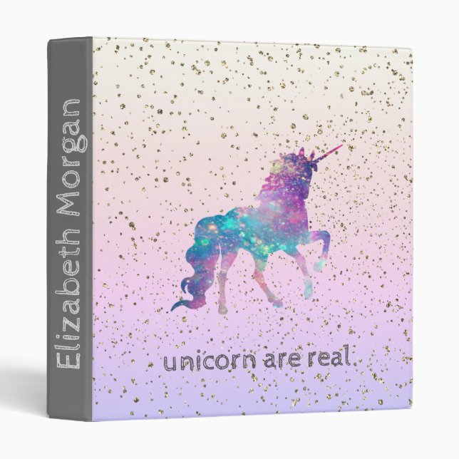 Magical Unicorn , Gold Confetti 3 Ring Binder (Front/Spine)