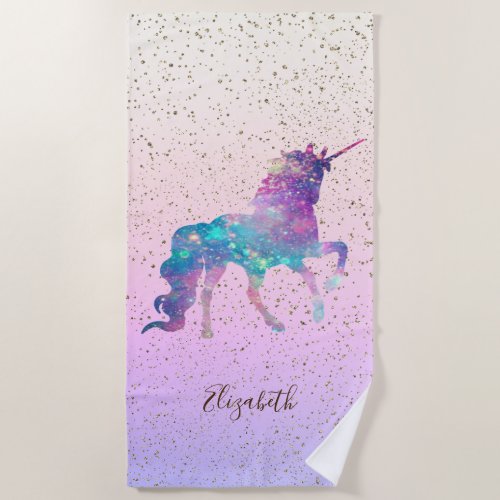Magical Unicorn Gold Confetti _ Personalized Beach Towel