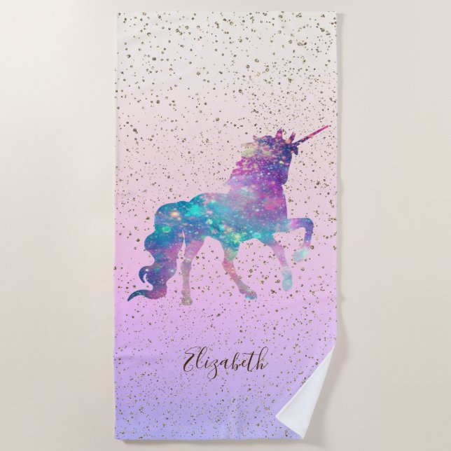 Magical Unicorn, Gold Confetti - Personalized Beach Towel (Front)