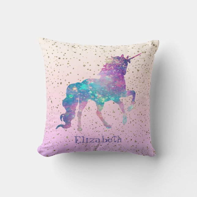 Magical Unicorn, Gold Confetti Throw Pillow (Front)