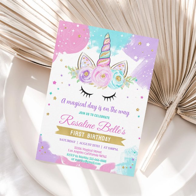 Magical Unicorn Gold Girl 1st Birthday Invitation (Creator Uploaded)