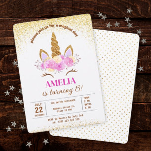 Magical Unicorn Gold Glitter Birthday Invitation