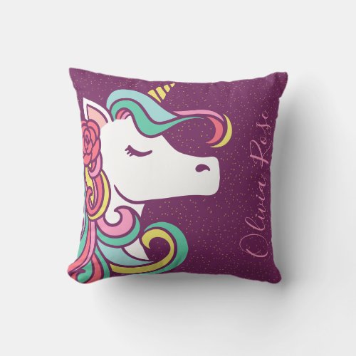 Magical Unicorn Gold Glitter Personalized Girls  Throw Pillow