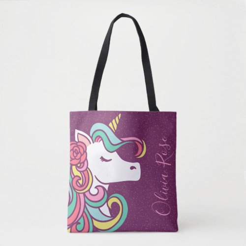 Magical Unicorn Gold Glitter Personalized Girls Tote Bag