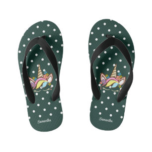 Magical Unicorn Green Girl Name Floral Dots Kid's Flip Flops