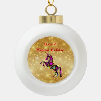 Magical Unicorn Holiday Ceramic Ball Ornament