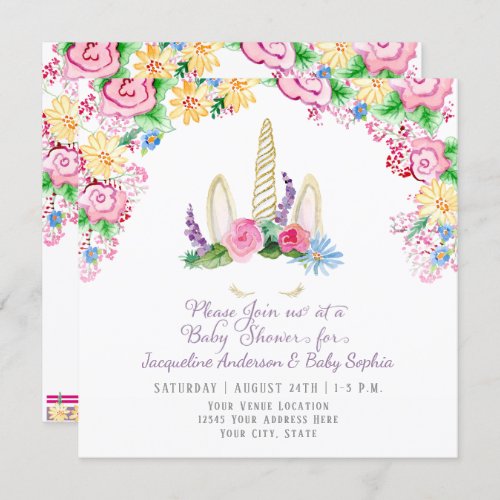 Magical Unicorn Horn Baby Girl Shower Watercolor Invitation