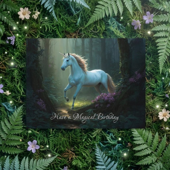 Magical Unicorn in Enchanted Forest Birthday Card (Creator Uploaded)