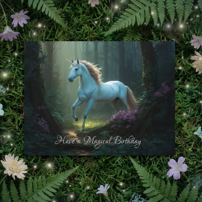 Magical Unicorn in Enchanted Forest Birthday Postcard (Creator Uploaded)