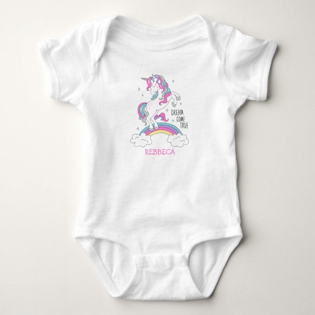 Magical unicorn in pink and silver glitter girl baby bodysuit (Front)