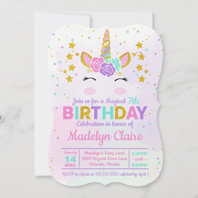 Magical Unicorn Kids Birthday Party Invitation (Front)