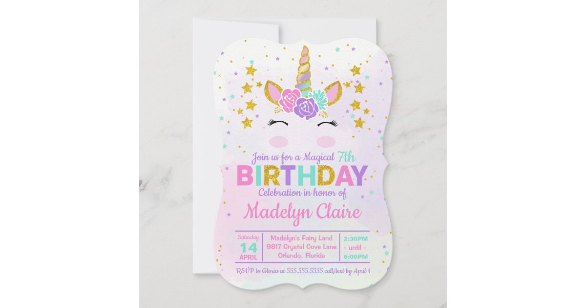 Pretty Glitter Pink Unicorn Children's Birthday Party Invitations