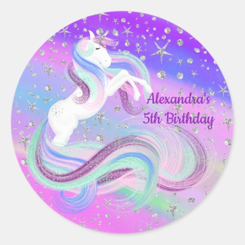 Magical Unicorn Kisses And Wishes Silver Stars Classic Round Sticker