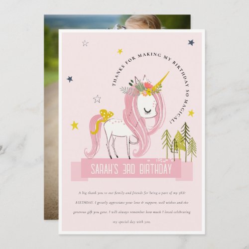 Magical Unicorn Lilac Pink Blush Photo Birthday Thank You Card