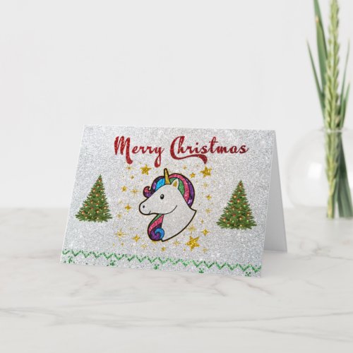 Magical Unicorn Merry Christmas Glitter Fantasy Holiday Card