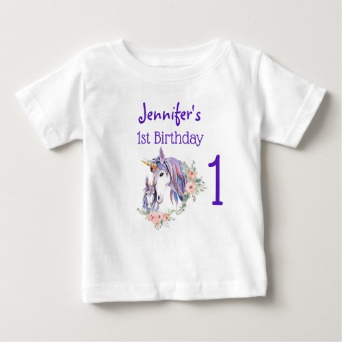 Magical Unicorn Mom  Baby Watercolor 1st Birthday Baby T_Shirt