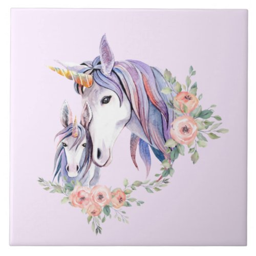 Magical Unicorn Mom  Baby Watercolor Ceramic Tile