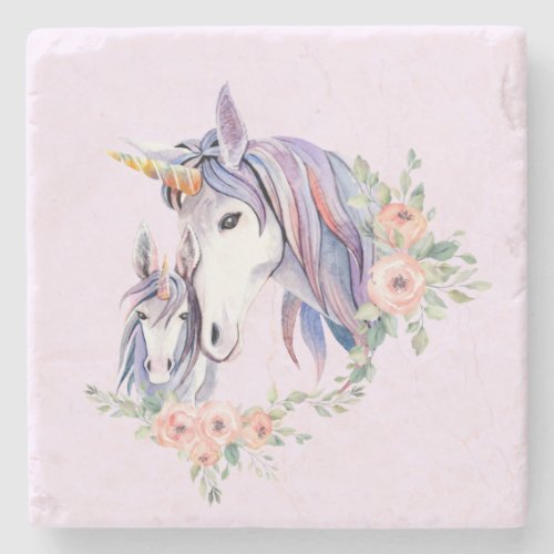 Magical Unicorn Mom  Baby Watercolor Stone Coaster