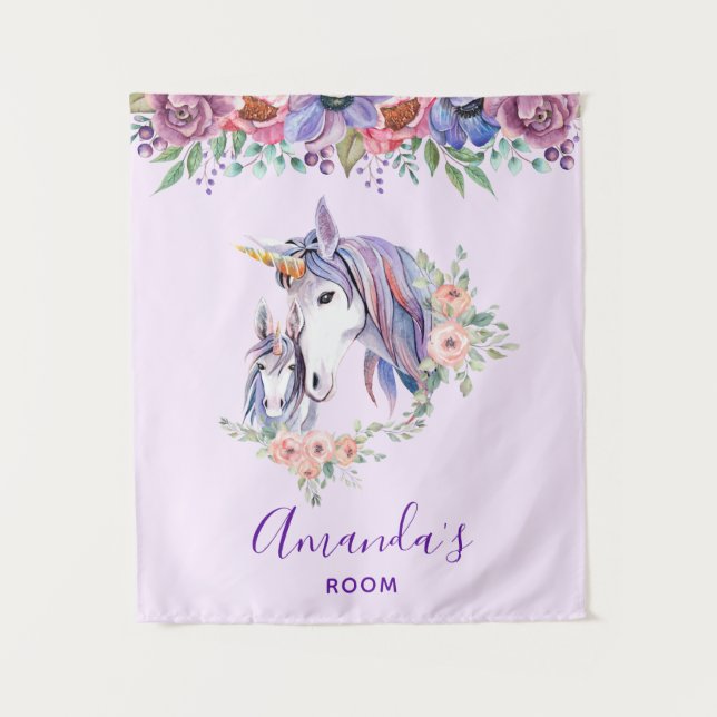 Magical Unicorn Mom & Baby Watercolor Tapestry (Front)