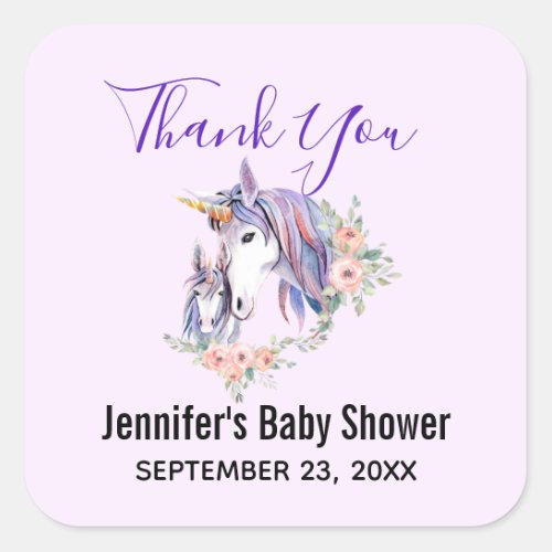 Magical Unicorn Mom  Baby Watercolor Thank You Square Sticker