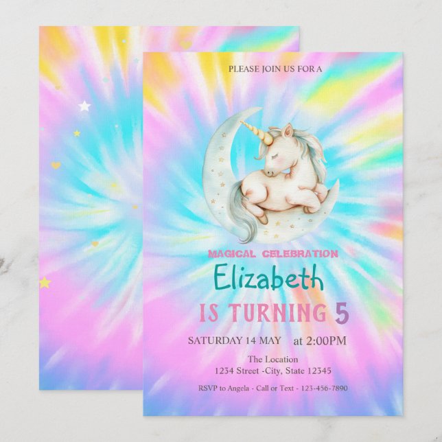 Magical Unicorn Moon Rainbow Tie Dye Birthday Invitation (Front/Back)