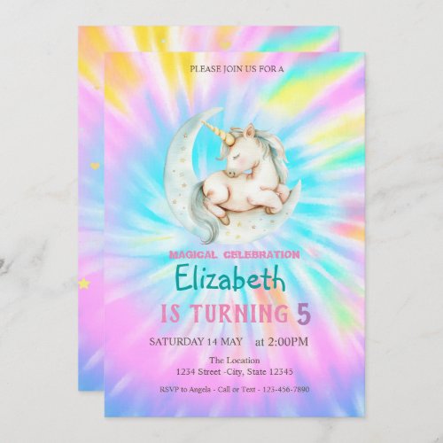 Magical Unicorn Moon Rainbow Tie Dye Birthday Invitation