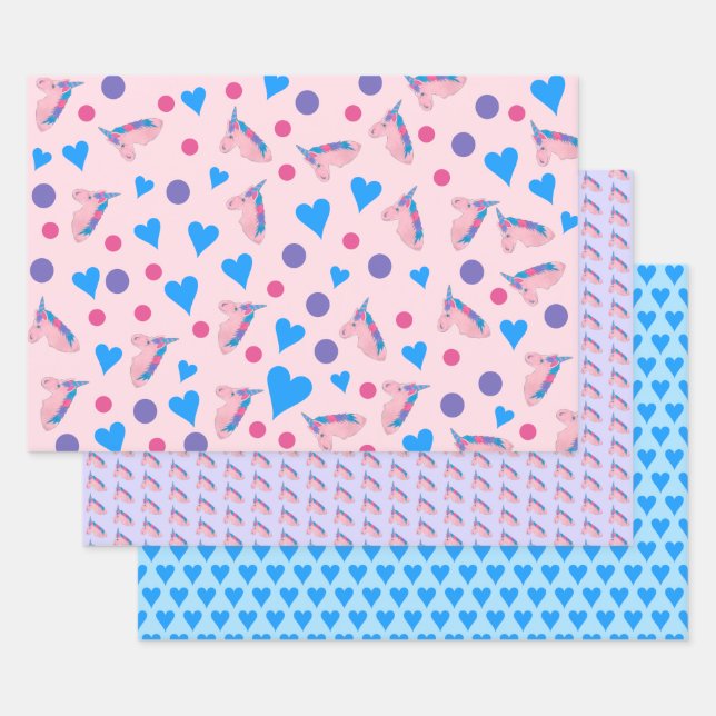 Magical Unicorn Mythical Horse and Hearts Wrapping Paper Sheets (Set)