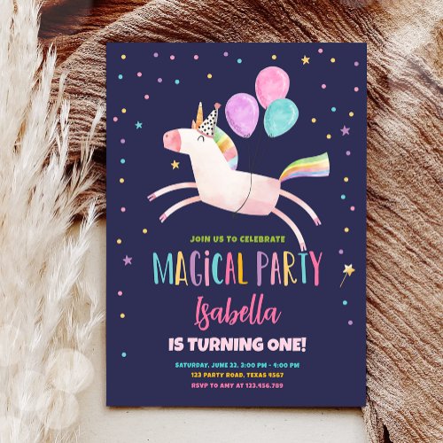 Magical Unicorn Party Rainbow Girl First Birthday Invitation